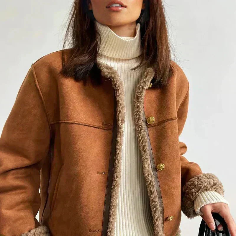 Terhild Faux Shearling Jacket – Camel Short Coat with Cozy Lining