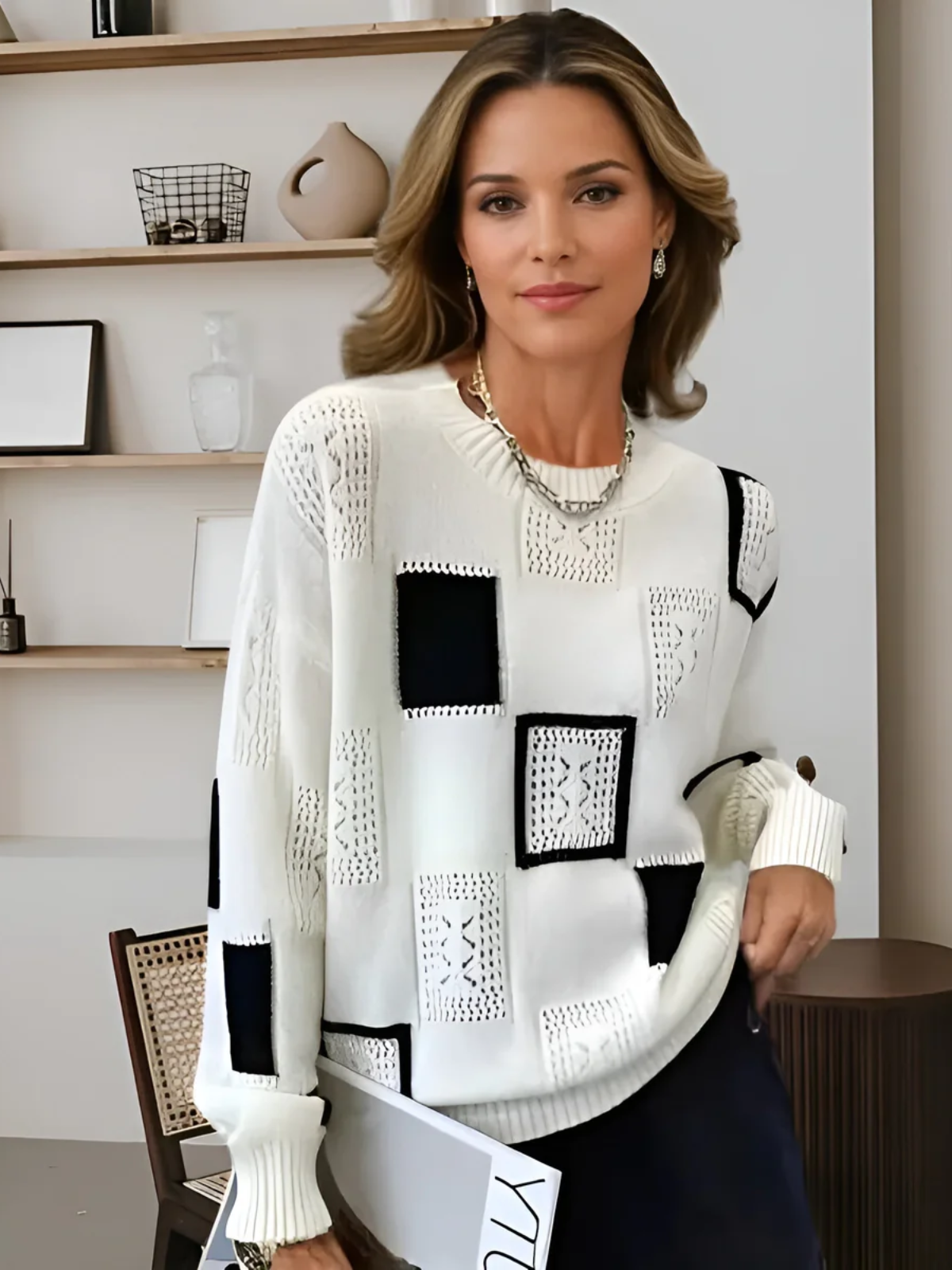 Women’s Geometric Knit Sweater – Relaxed Fit Soft Knit Top for Everyday Wear