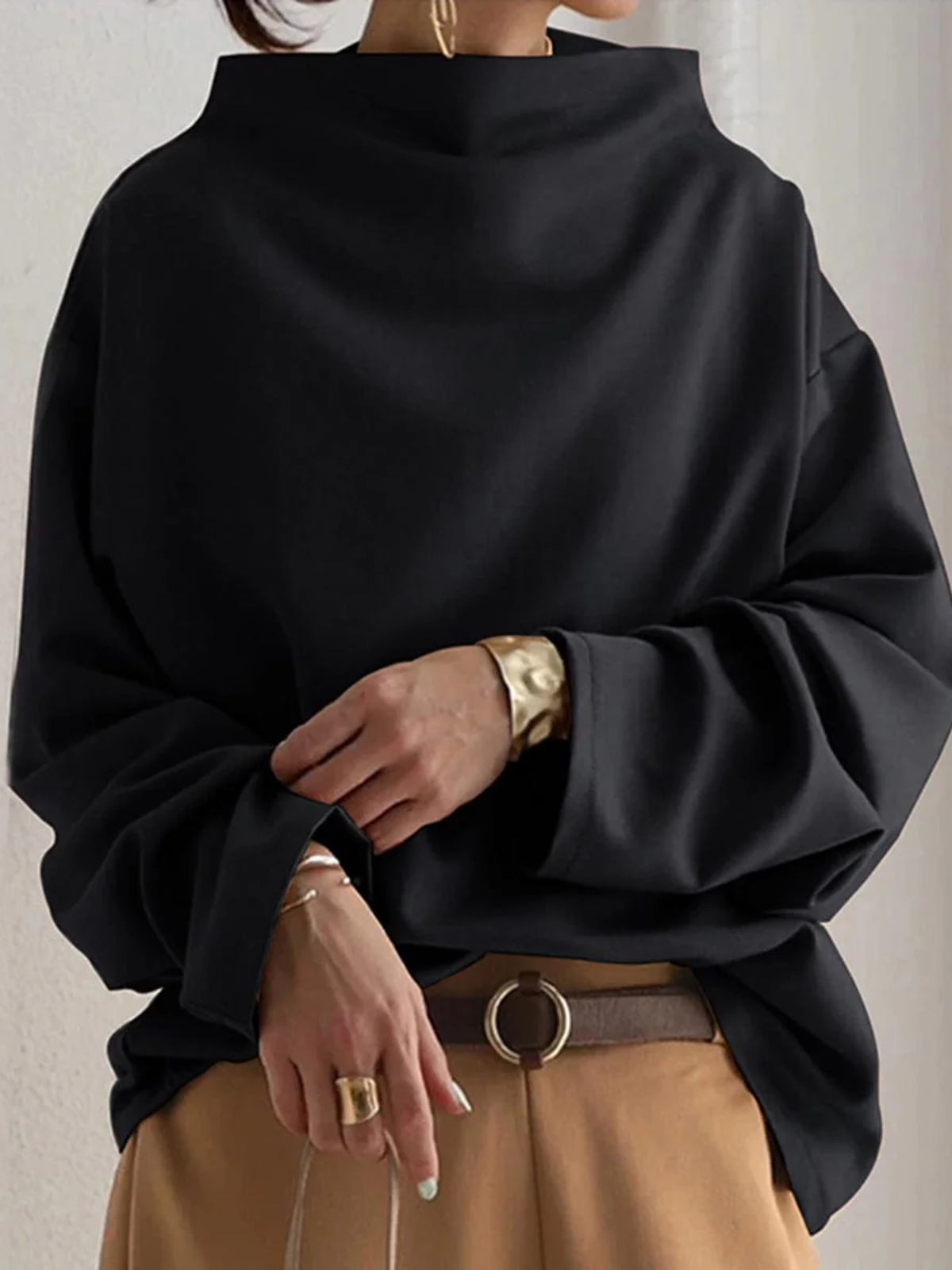 Women’s Casual Relaxed Sweater – Sculpted Neckline Pullover with Gathered Sleeves