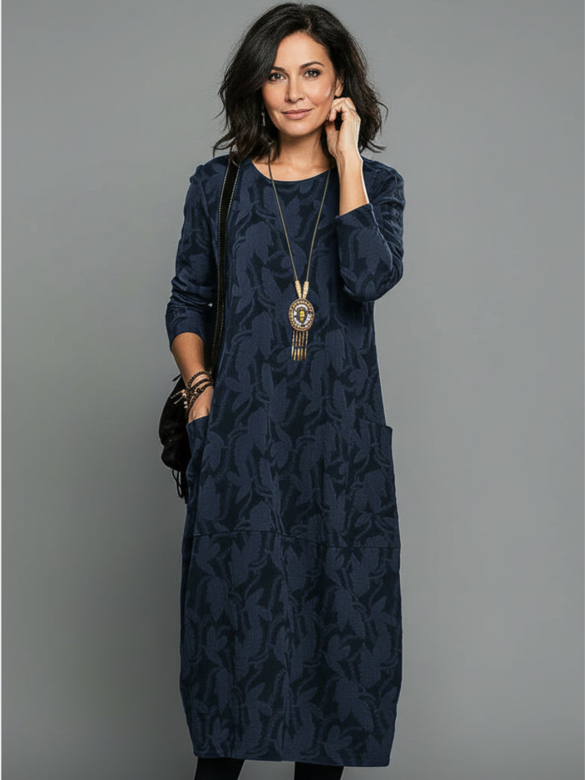 Women’s Casual Midi Dress – Relaxed Fit Textured Dress with Side Pockets