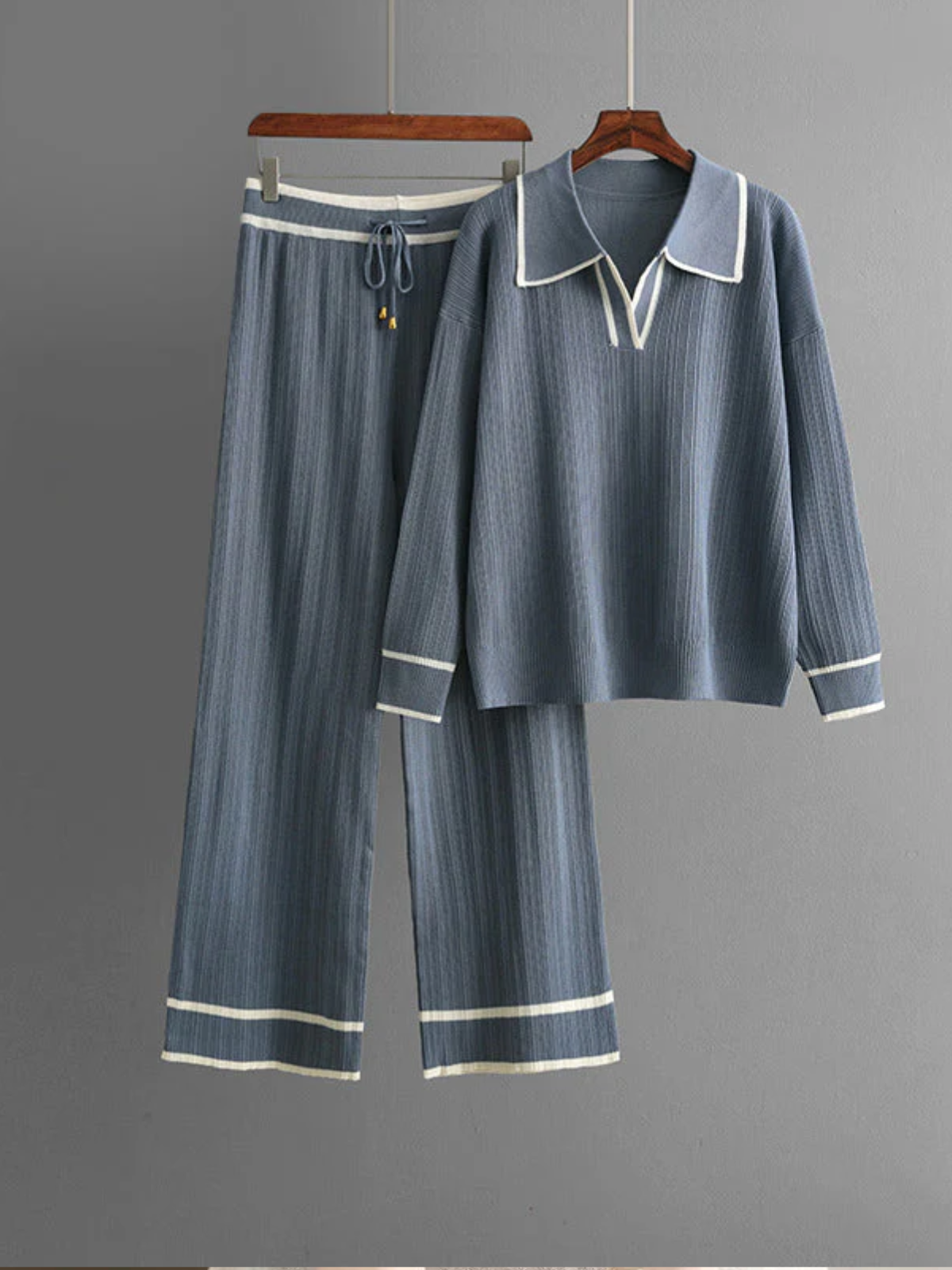 Viscose Knit Co-Ord Set for Women – Lapel Collar Sweater and Wide-Leg Trousers for Comfortable Everyday Wear