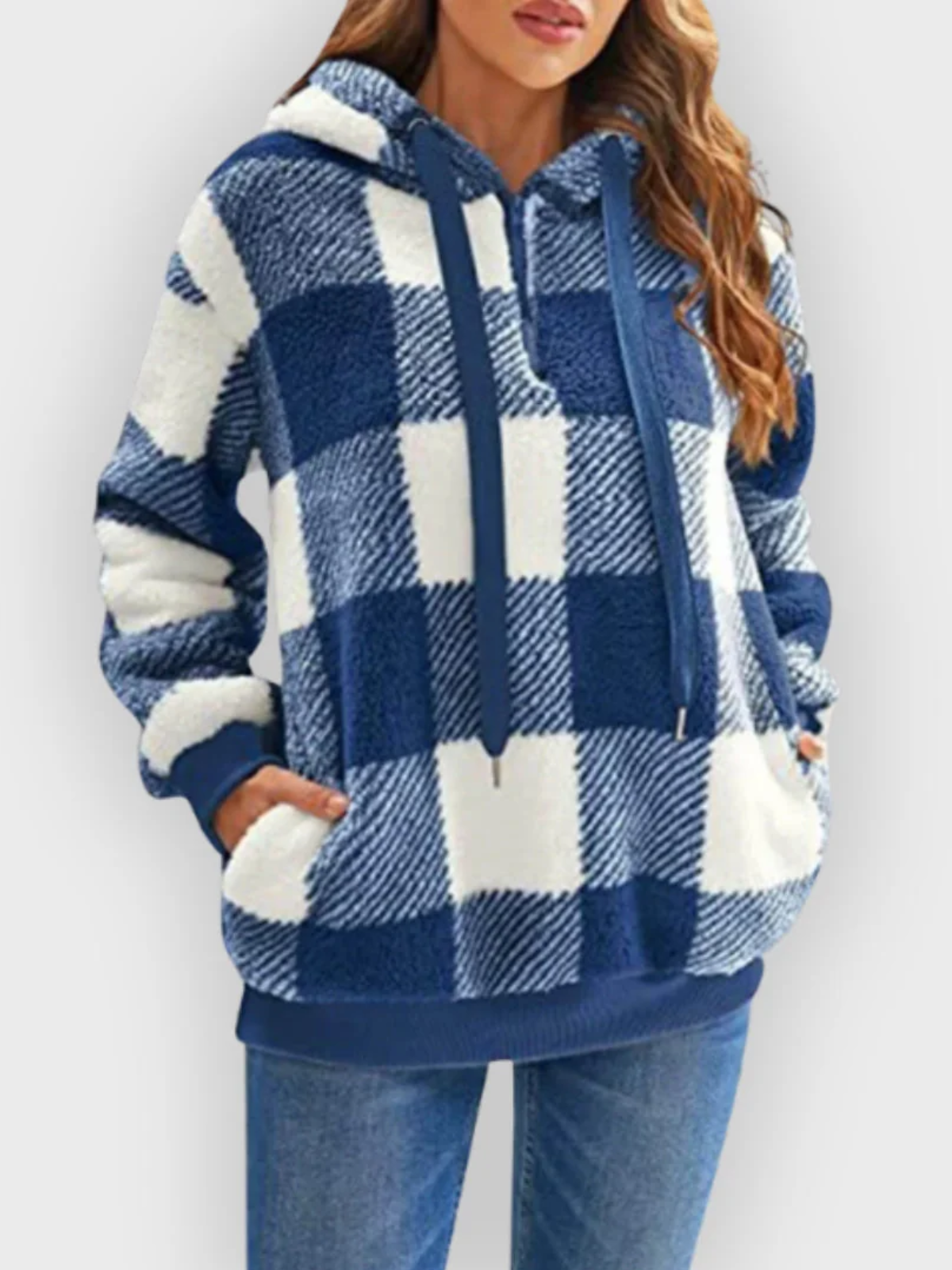 Nordic Cozy Check Hoodie for Women – Soft Fleece Checkered Pullover with Hood