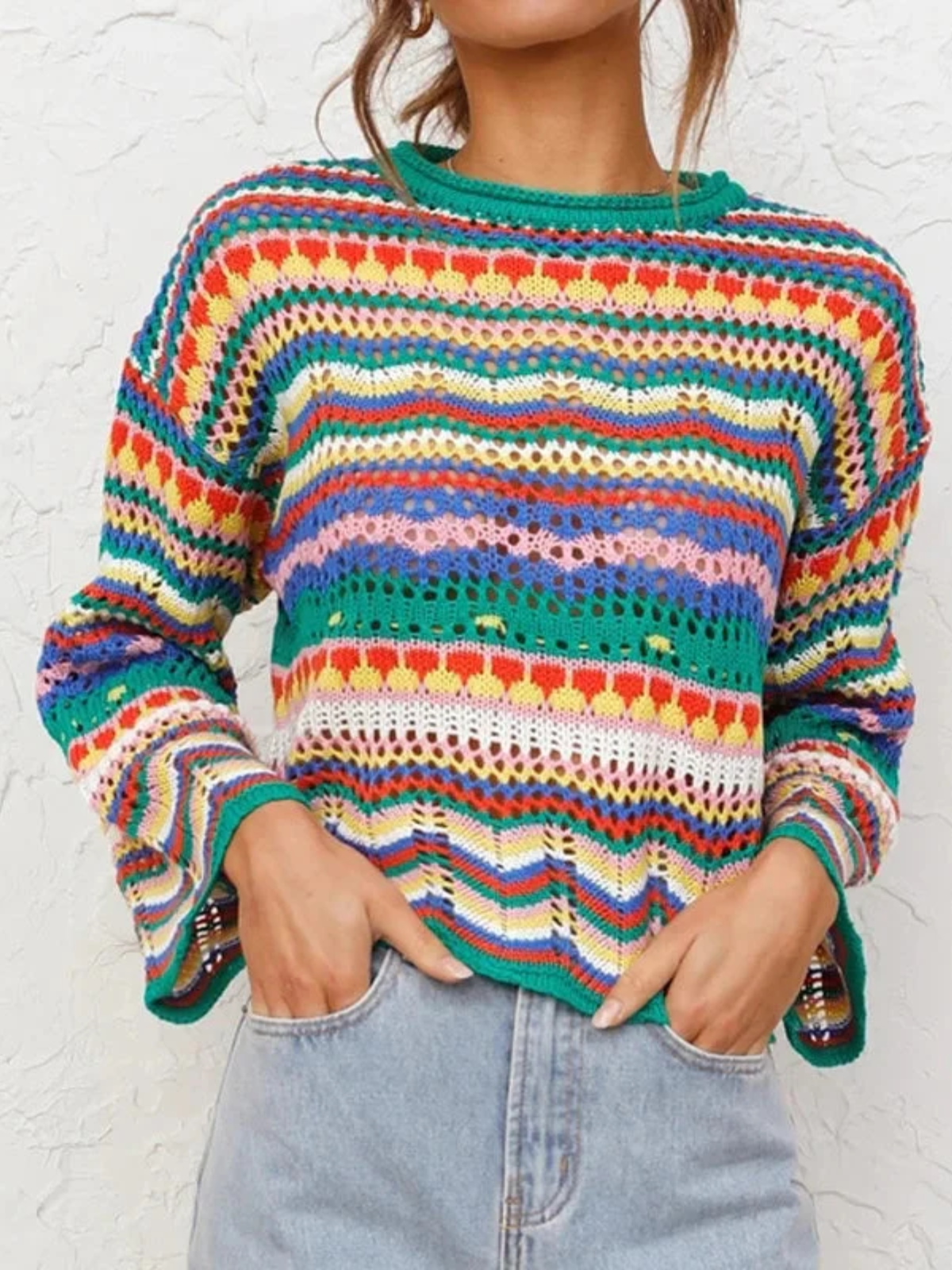 Colorful Crochet Knit Sweater for Women – Vibrant Boho Style
