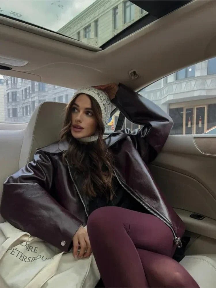 Leather Coat – Oversized Burgundy Fall Jacket with Belted Detail