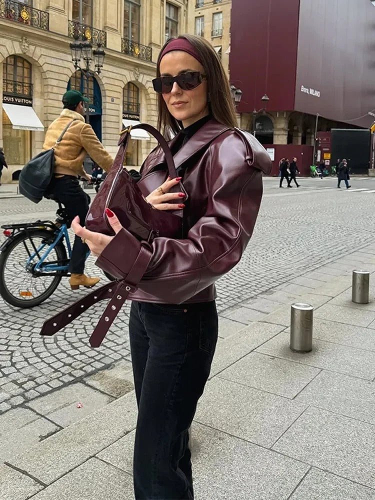 Leather Coat – Oversized Burgundy Fall Jacket with Belted Detail