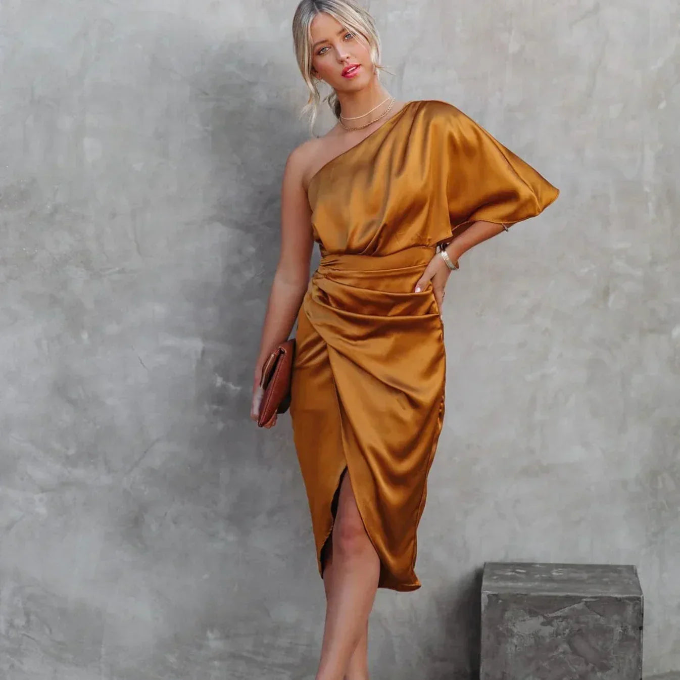 Women's One Shoulder Wrap Midi Dress