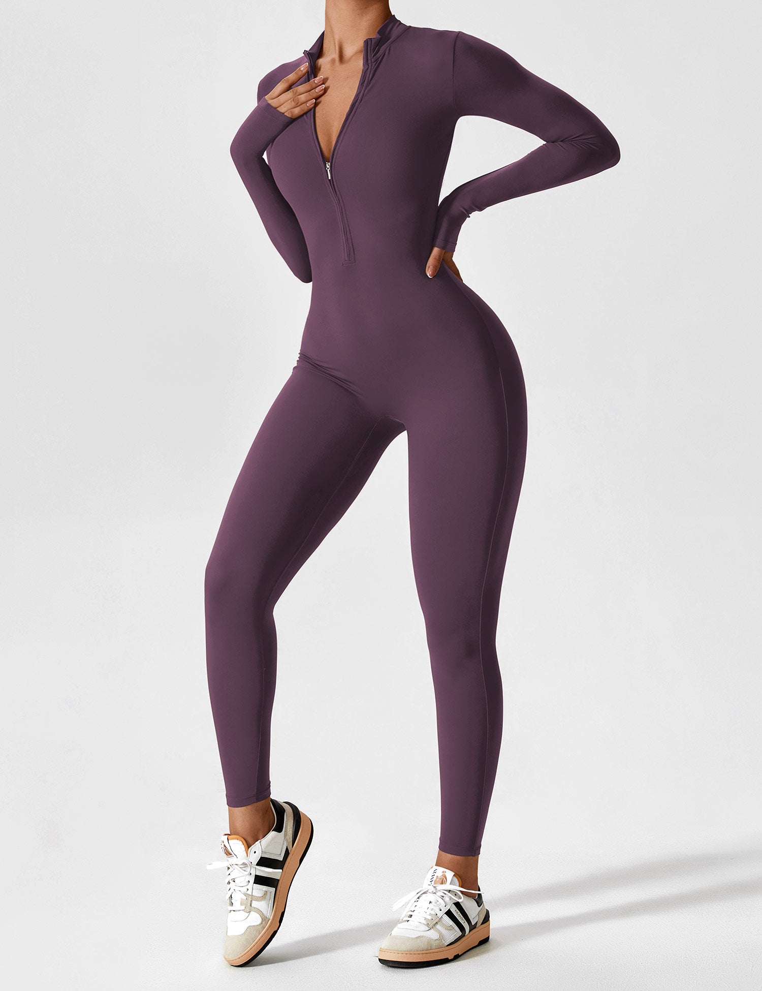 Long Sleeve Zip Jumpsuit – Stretch One-Piece Activewear with Sculpting Fit