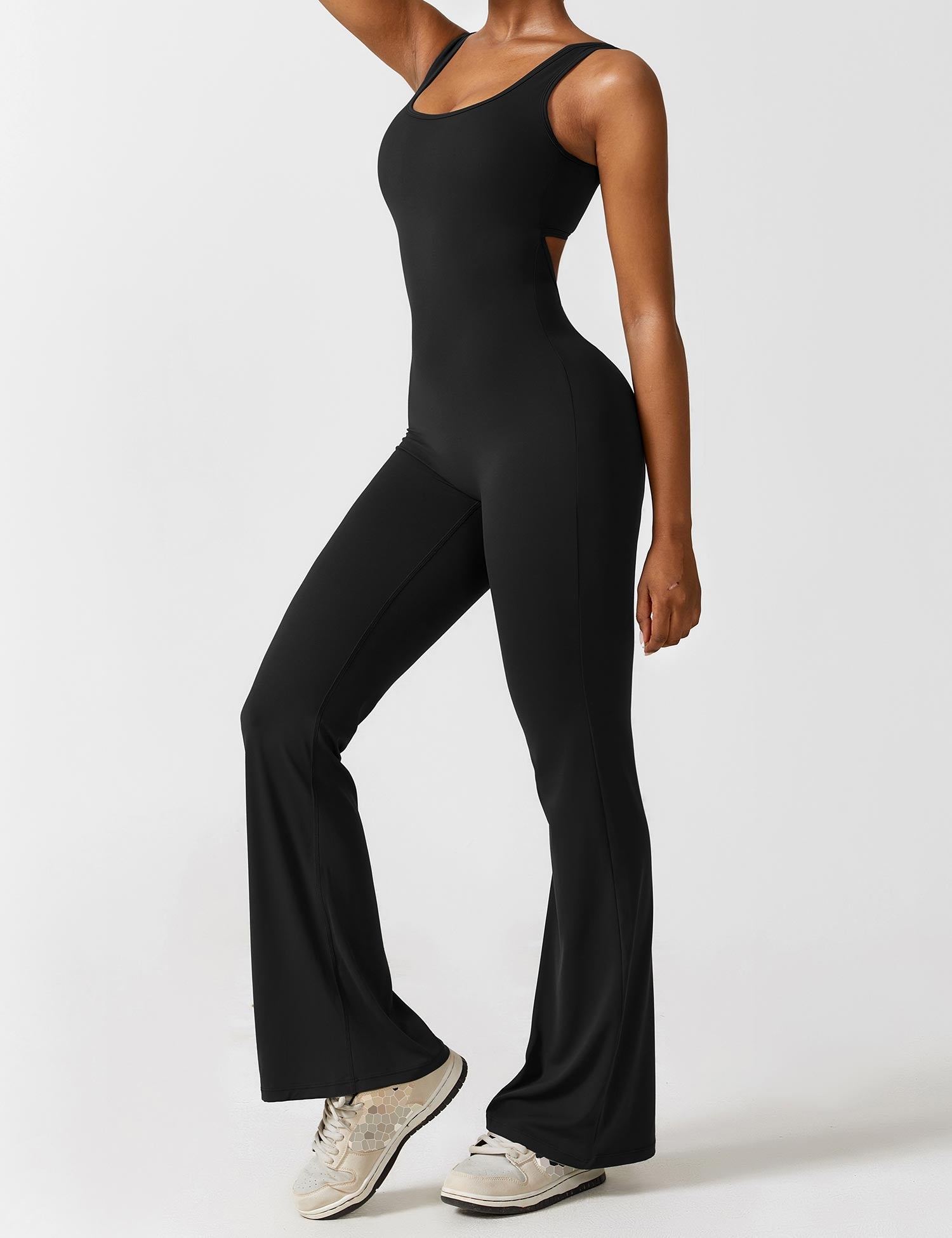 Women’s Open Back Flared Jumpsuit – Deep V-Cut, Scrunch Detail & Stretch Comfort