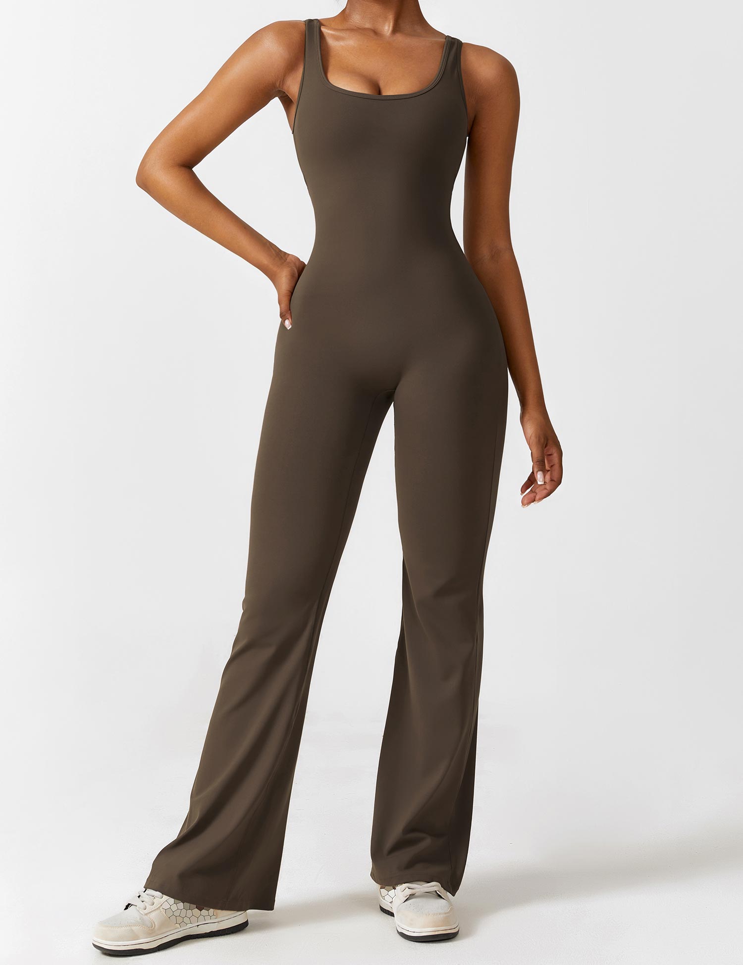 Women’s Open Back Flared Jumpsuit – Deep V-Cut, Scrunch Detail & Stretch Comfort