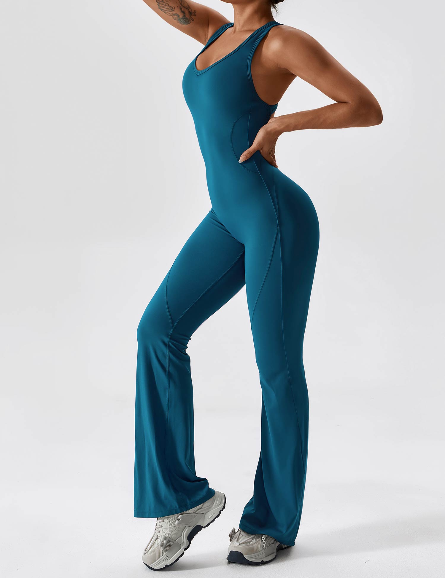 Women’s Open Back Flared Jumpsuit – Sleek, Stretchy & Figure-Sculpting Fit