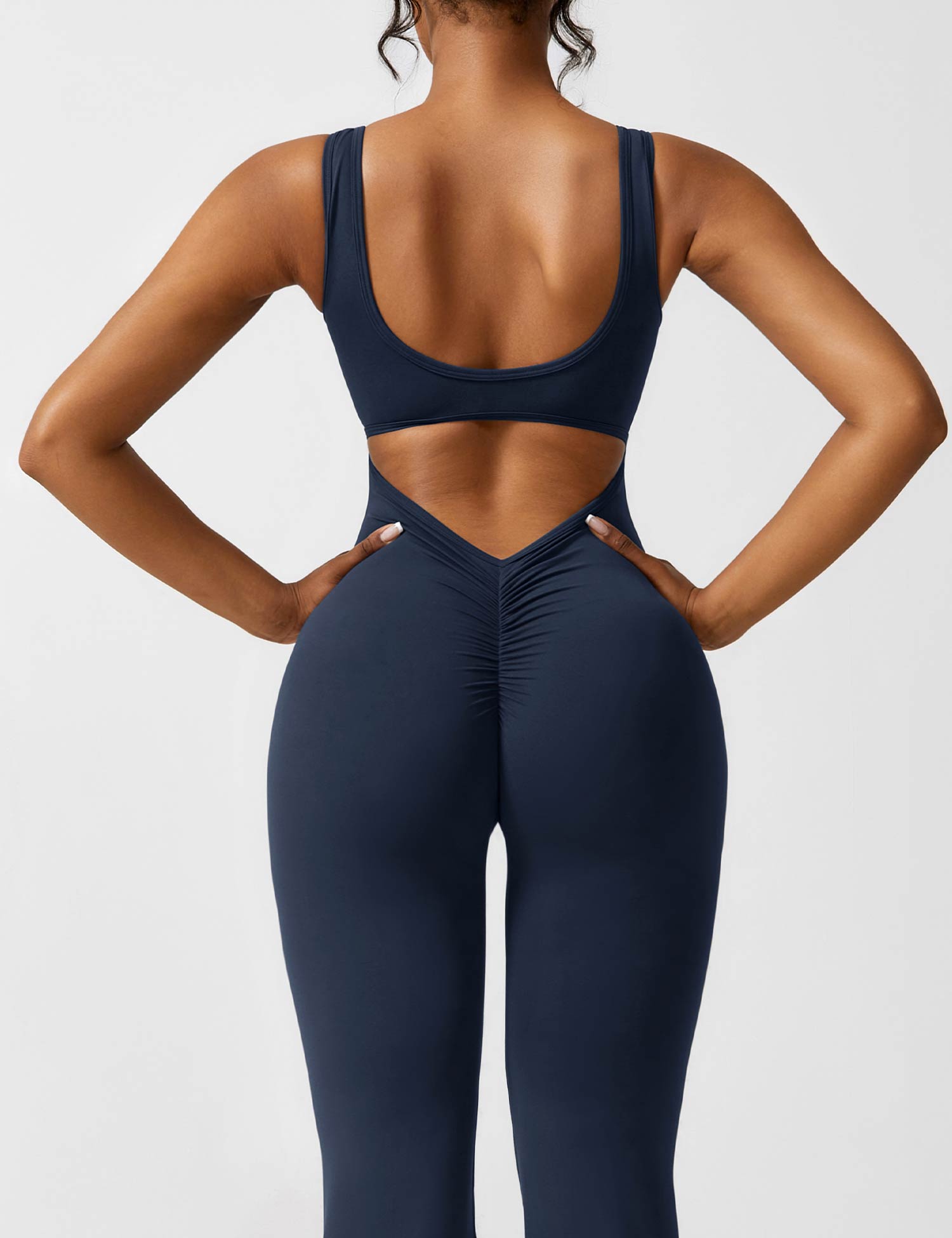 Women’s Open Back Flared Jumpsuit – Deep V-Cut, Scrunch Detail & Stretch Comfort