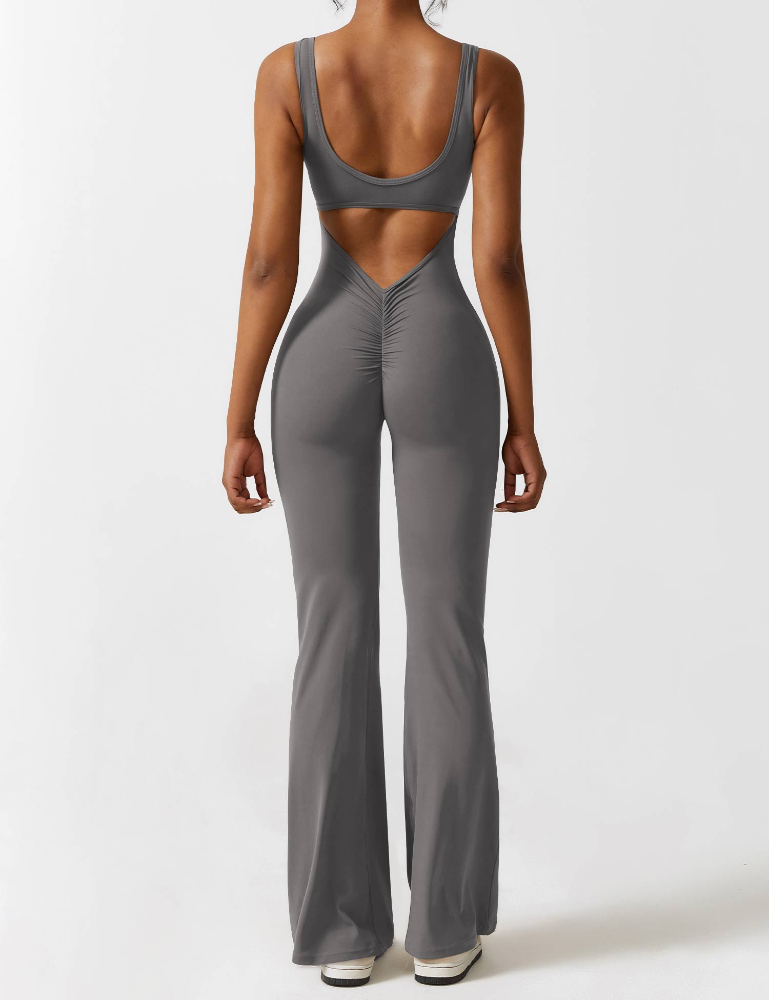 Women’s Open Back Flared Jumpsuit – Deep V-Cut, Scrunch Detail & Stretch Comfort